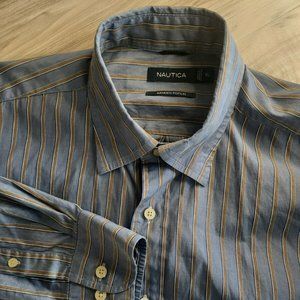 Nautica Men's XL Blue Tan Striped Button Down Long Sleeve Dress Shirt